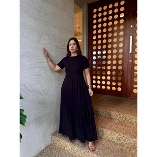 Vestido Feminino Longo Com Manga e Corte Reto Tecido Malha Elegante Soltinho em Oferta na Shopee