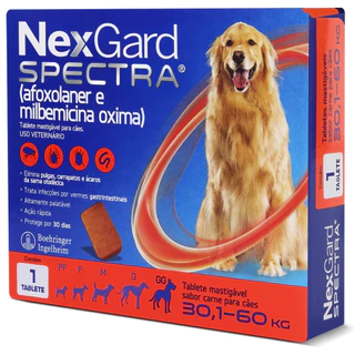 Antipulgas, Carrapatos e Vermífugo para cães de 30 a 60kg - 1 comprimido
