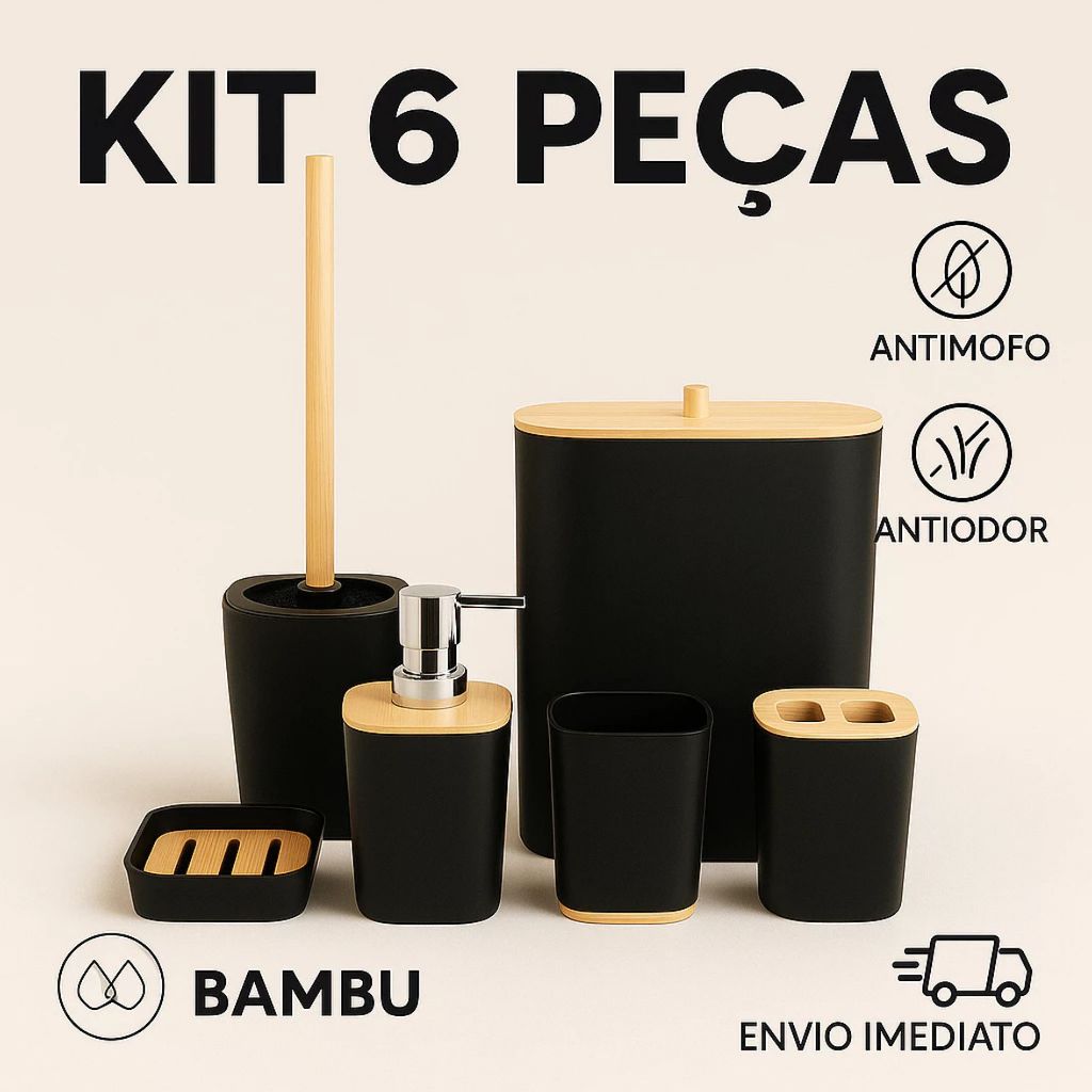 Kit Banheiro 6 Peças Completo – Lixeira com Tampa de Bambu, Design ...