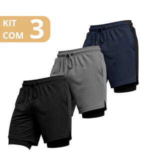 Kit 3 Shorts Masculinos 2 em 1 Dry Fit com Forro de Compressão e Bolso Interno para Treino