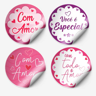 Kit 120 Adesivos Com Carinho amor 4x4cm – Para Presentes e Lembrancinhas
