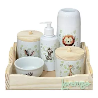 Kit Higiene Bebê Porcelana Safari Bandeja Pinus Adesivo Dtf Uv