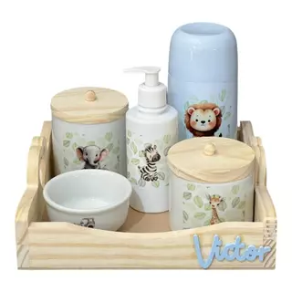 Kit Higiene Bebê Porcelana Safari Bandeja Pinus Adesivo Dtf Uv Com Nome Personalizado