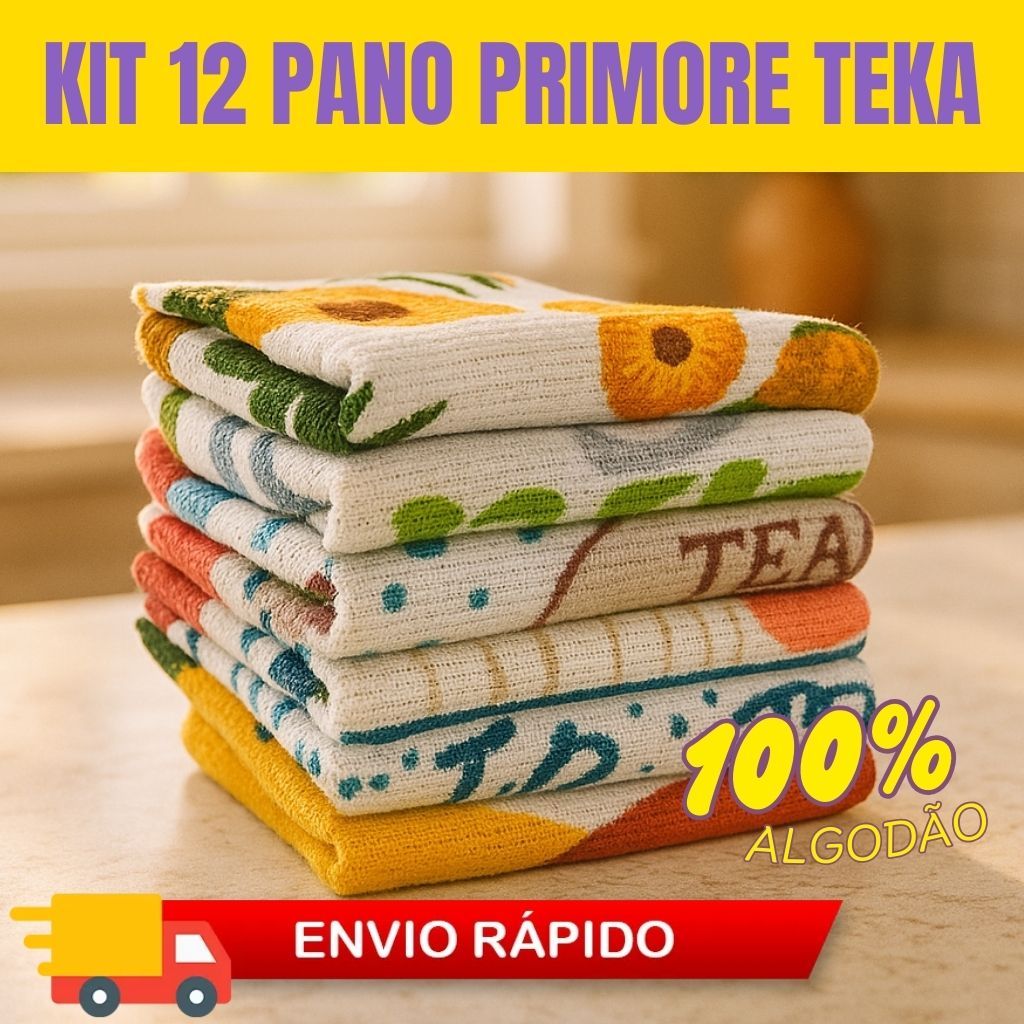 Kit 12 Panos de Copa Prato Atoalhado Teka Primore 220GSM e Fiori