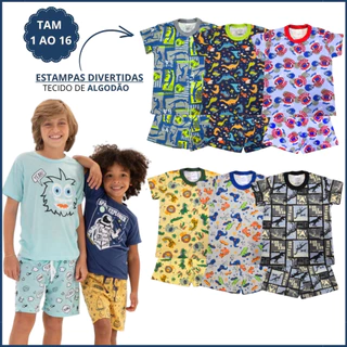 Kit 2 Pijama Infantil Menino Verão Conjunto Masculino Camiseta Manga curta e Bermuda Algodão 1 ao 16 em Oferta na Shopee