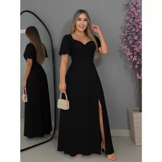 vestido longo elegante com manga flare forrado fenda e decote em v em Oferta na Shopee