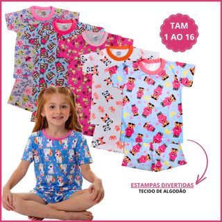 Kit 2 Pijama Infantil Menina Verão Roupa Infantil Feminina Camiseta e Short Algodão 1 ao 16 em Oferta na Shopee