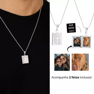 colar masculino Corrente Masculina Relicário com Cruz Personalizável com 2 Fotos