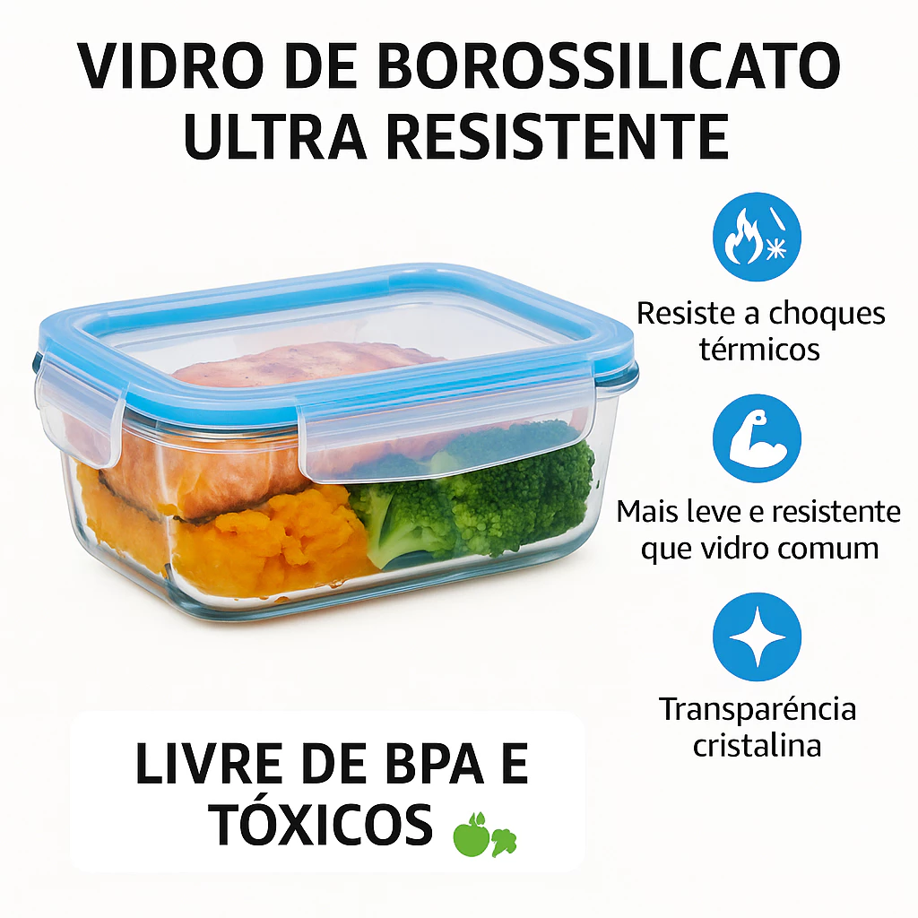 Kit Potes Herméticos Porta Mantimentos Vidro Retangular 640ml 370ml Marmita Fitness GP Home - Imagem 3