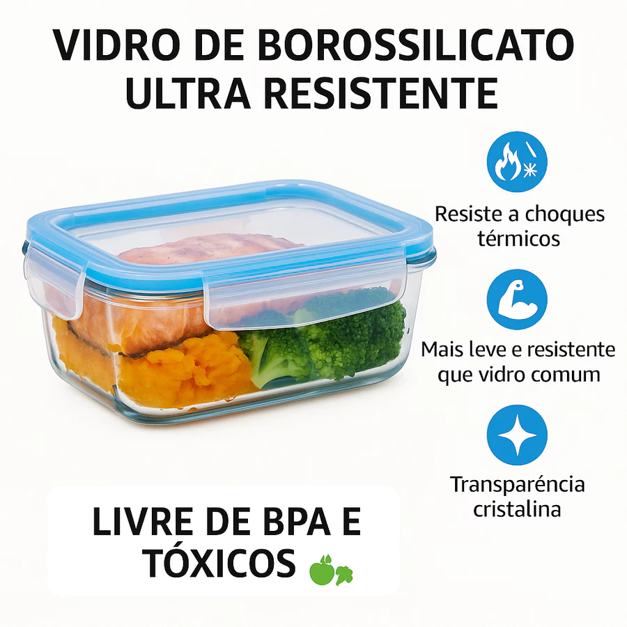 Kit Potes Herméticos Porta Mantimentos Vidro Retangular 640ml 370ml Marmita Fitness GP Home — foto 3