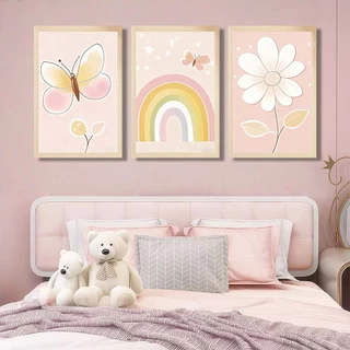Kit 3 Quadros Decorativos Placas Quarto Infantil arco-íris Menina Feminino Decoração Bebe Parede Flor