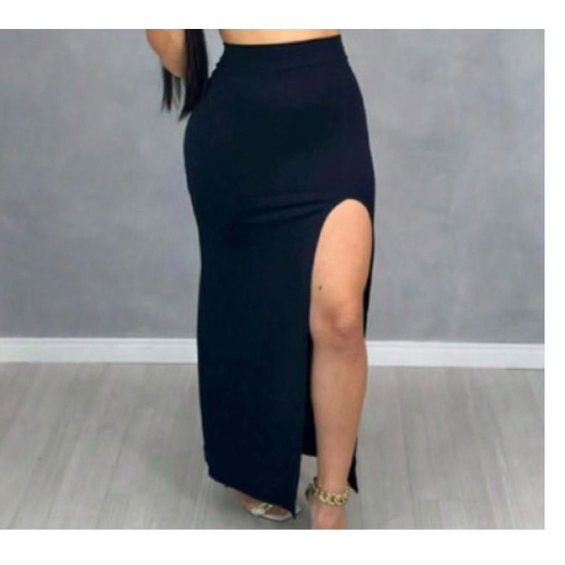 Saia longa com Fenda Lateral Modelagem Perfeita No Corpo Midi Casual ...