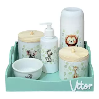 Kit Higiene Bebê Porcelana Safari Bandeja Coração Verde Pinus Adesivo Dtf Uv Com Nome Personalizado Escolha A Bandeja