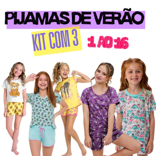 Kit 3 Pijama Verão Menina Conjunto Infantil Feminino Algodão Camiseta e Bermuda BeBê Juvenil 1 ao 16 em Oferta na Shopee