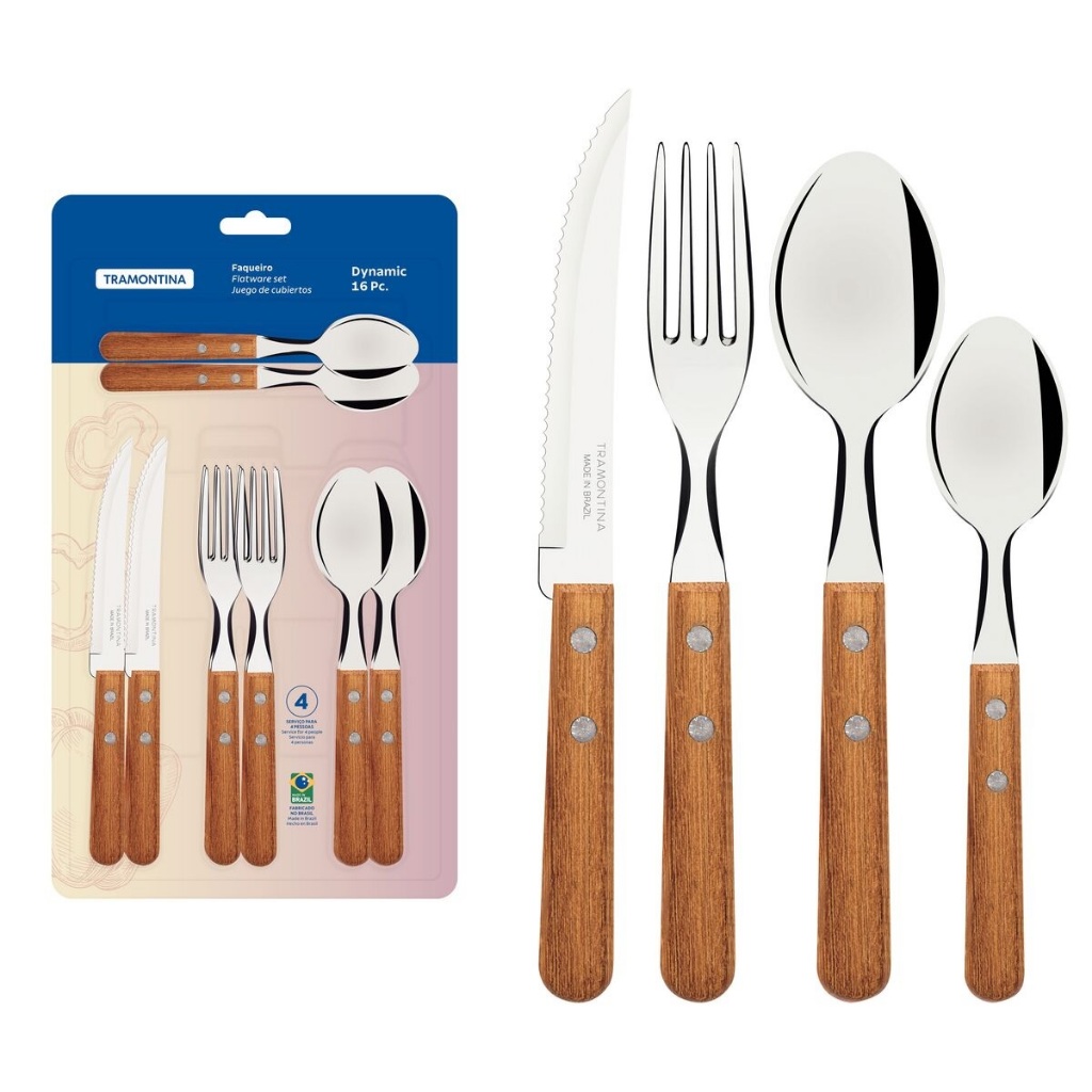 Faqueiro Dynamic com Lâminas em Aço Inox e Cabos de Madeira Natural 16 ...