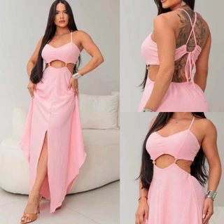 Vestido Longo Verão Praia Soltinho Luxo feminino com Fenda Decote e Alças, Tecido Duna -Tendencia Moda 2026 Midi Luxuosa