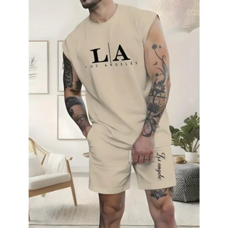 Conjunto Regata Machão L A Los Angeles Camiseta Camisa Masculina Bermuda Moletom com Bolso Algodão Esporte Casual