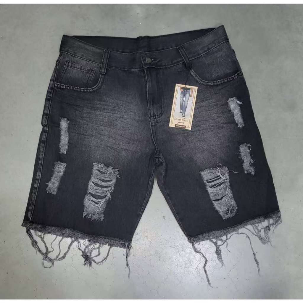 Bermuda Jeans Masculina Preta Destroyed Rasgada Com Barra Desfiada ...
