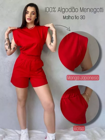 Conjunto feminino casual blusa e short liso algodão premium