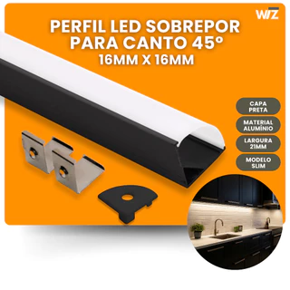 Perfil Led Sobrepor 16x16mm De Canto 45° Preto Decorativo Iluminação Residencial