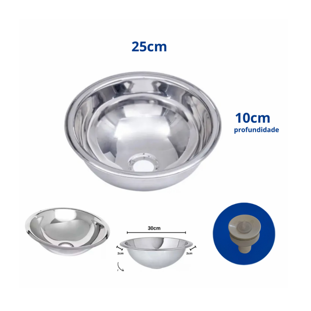 cuba meia bola de 25cm aço inox 304 de sobrepor ou embutir, com valv e ...