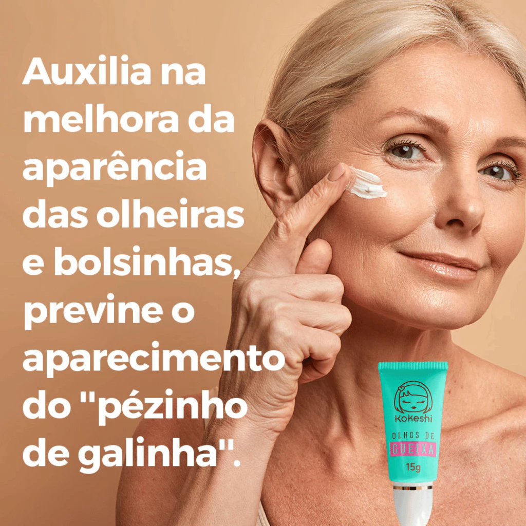 Modelo aplicando o creme Olhos de Gueixa na região abaixo dos olhos