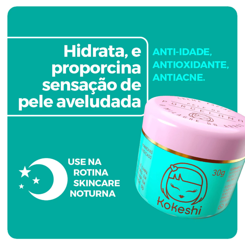 Anúncio gráfico do creme facial Kokeshi destacando uso noturno e propriedades anti-idade