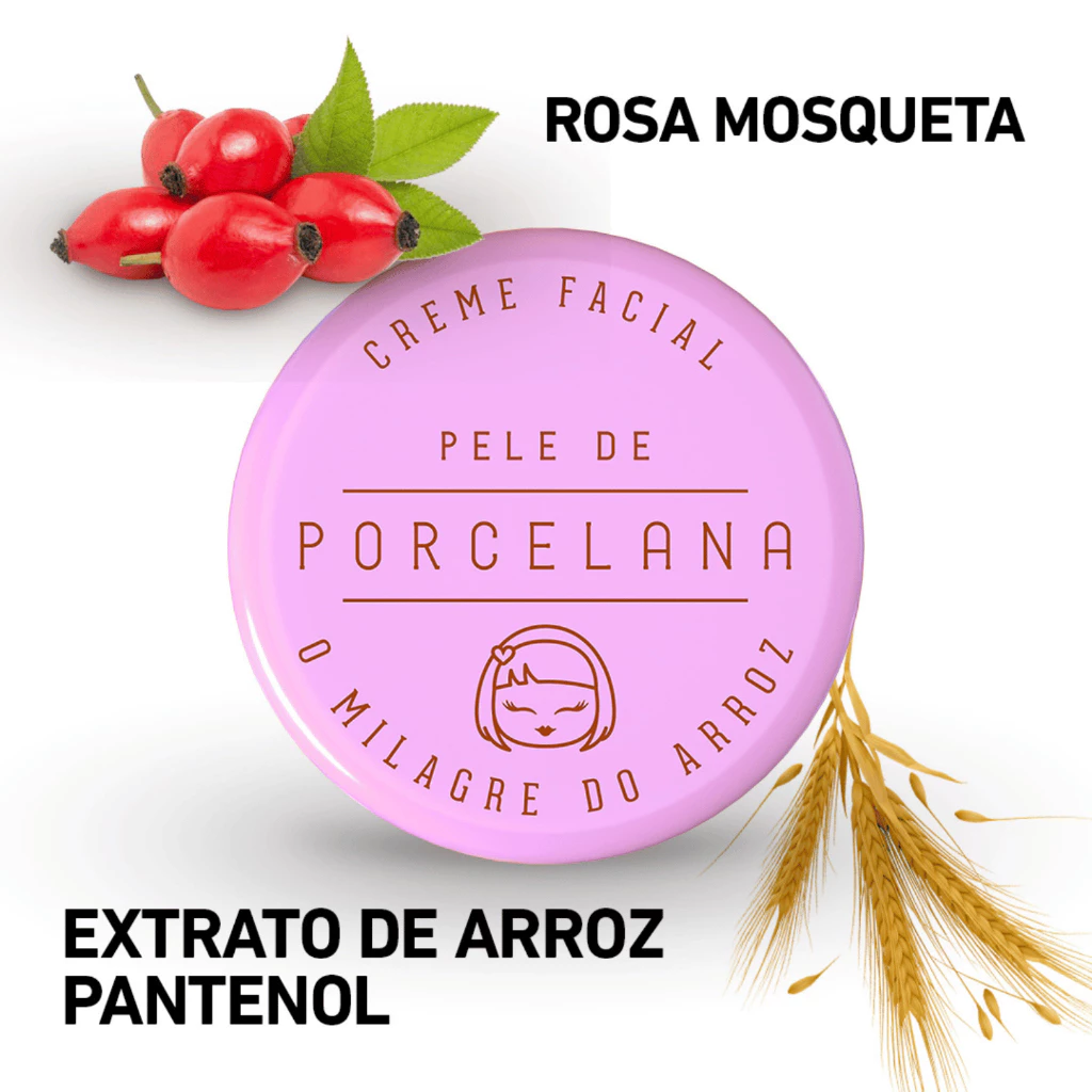 Creme facial Pele de Porcelana com ilustração de rosa mosqueta e talos de arroz ao fundo