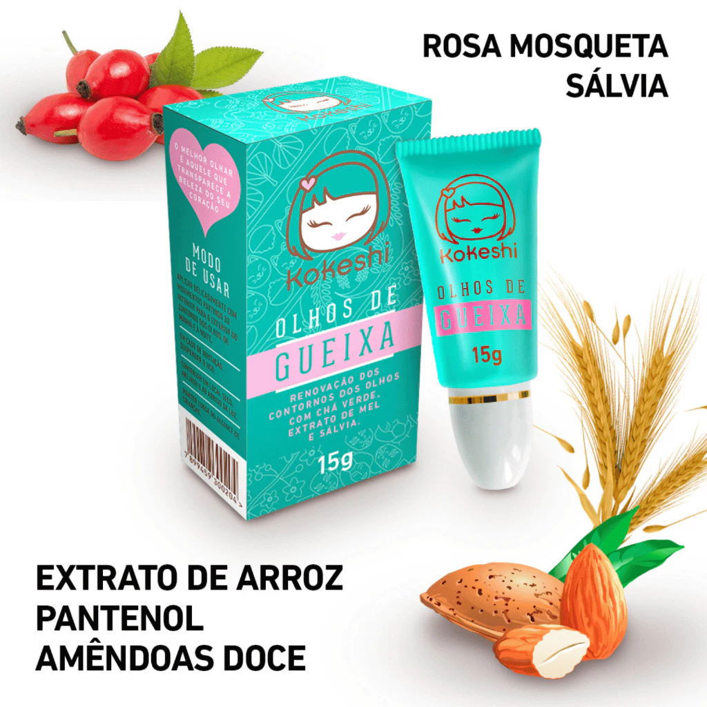 Embalagem do creme Olhos de Gueixa ao lado de sua caixa com ingredientes ilustrados como rosa mosqueta e amêndoas