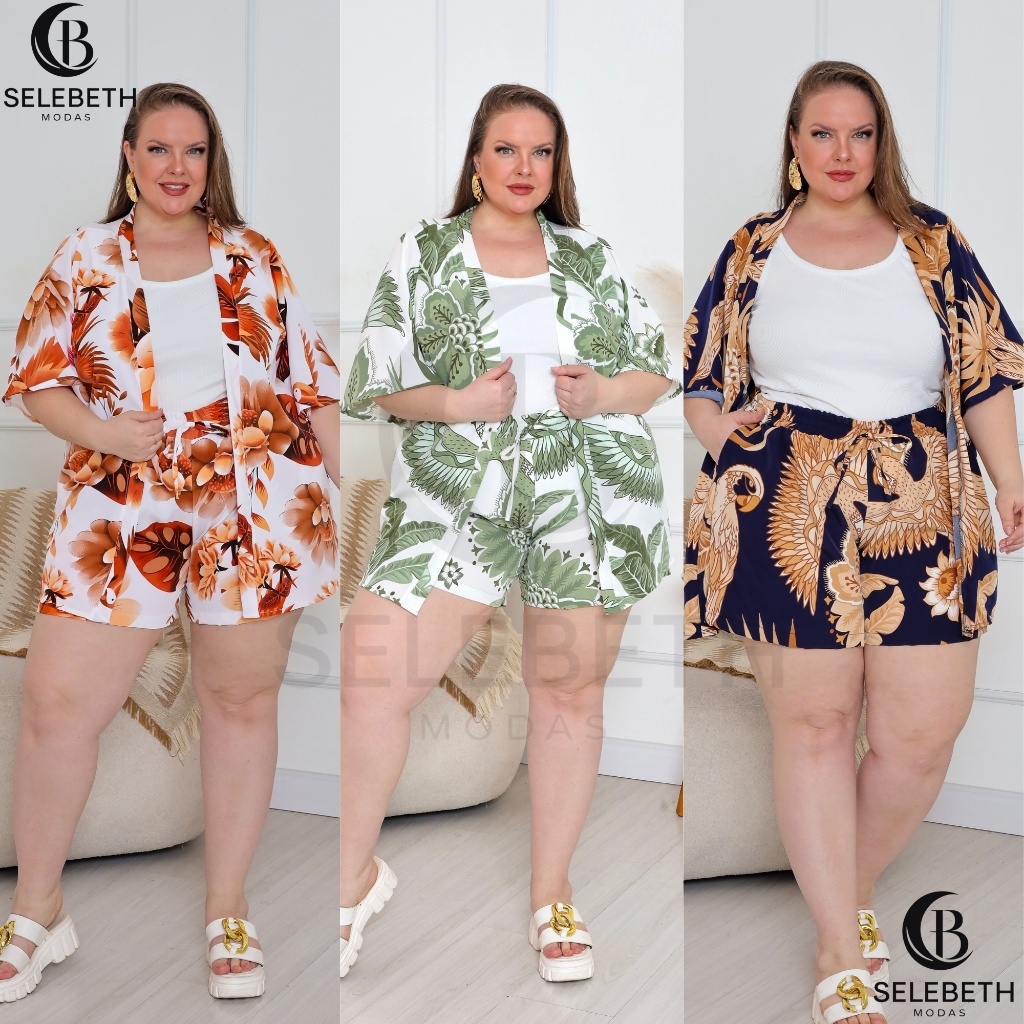 Conjunto Kimono Plus Size Short e Kimono Premium 2 peças G3.G4.G5 ...