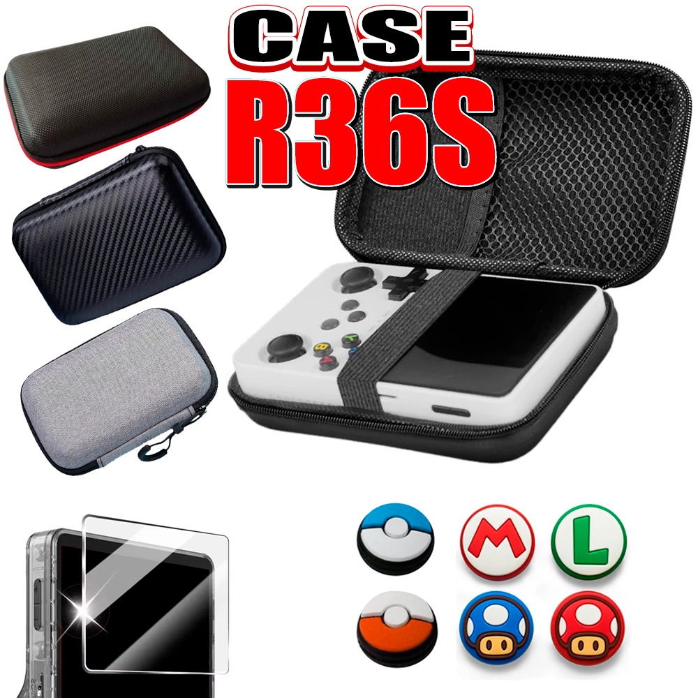 Case R36S + Grips + Pelicula / Capa para videogame portatil R36S Game Boy GB300 Miyoo Mini