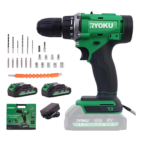 Furadeira Parafusadeira Elétrica 21v 2 Baterias Ryoku