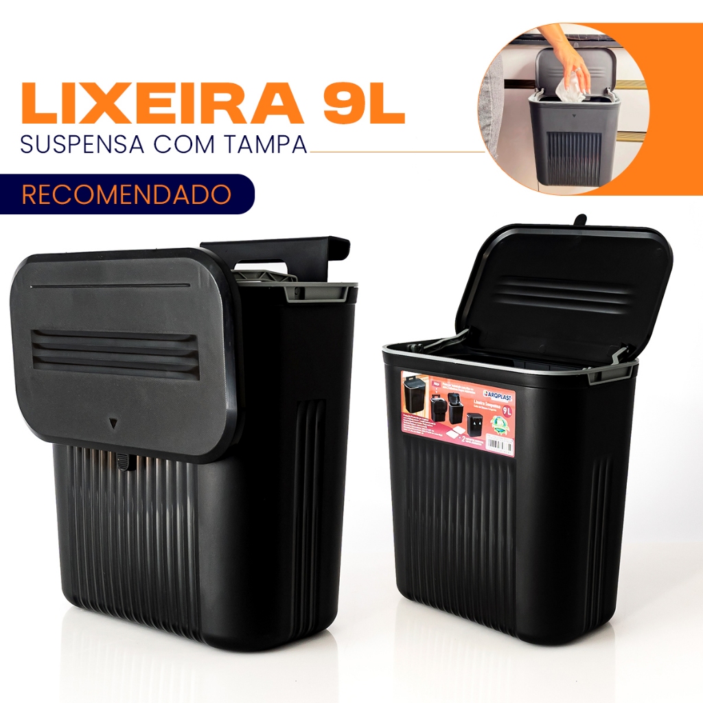 Lixeira 9 Litros Suspensa Preta Cesto de Lixo Para Banheiro Cozinha Escritório Quarto | Shopee Brasil