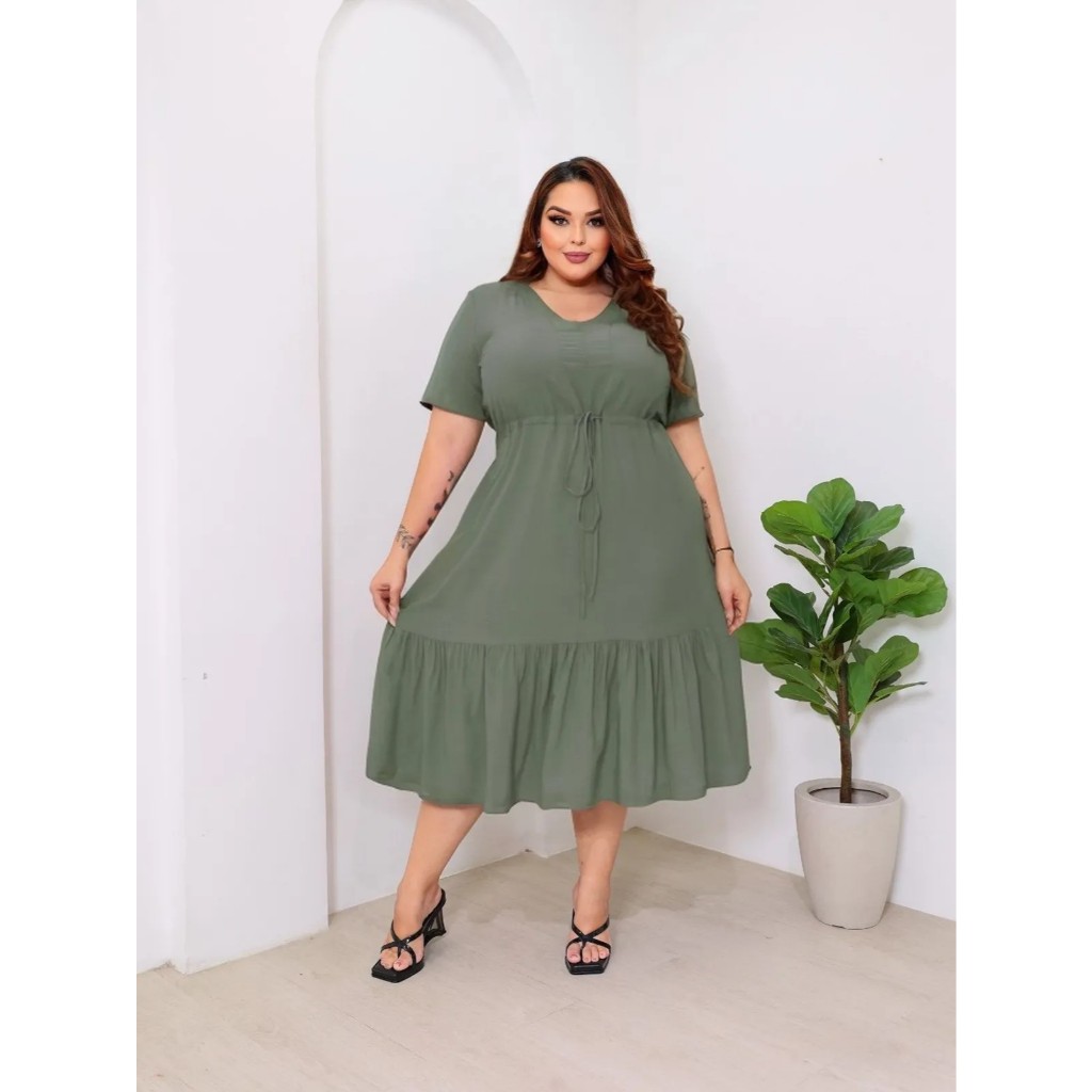 Vestido Feminino Plus Size Midi Curto Elegante e soltinho Faixa na ...