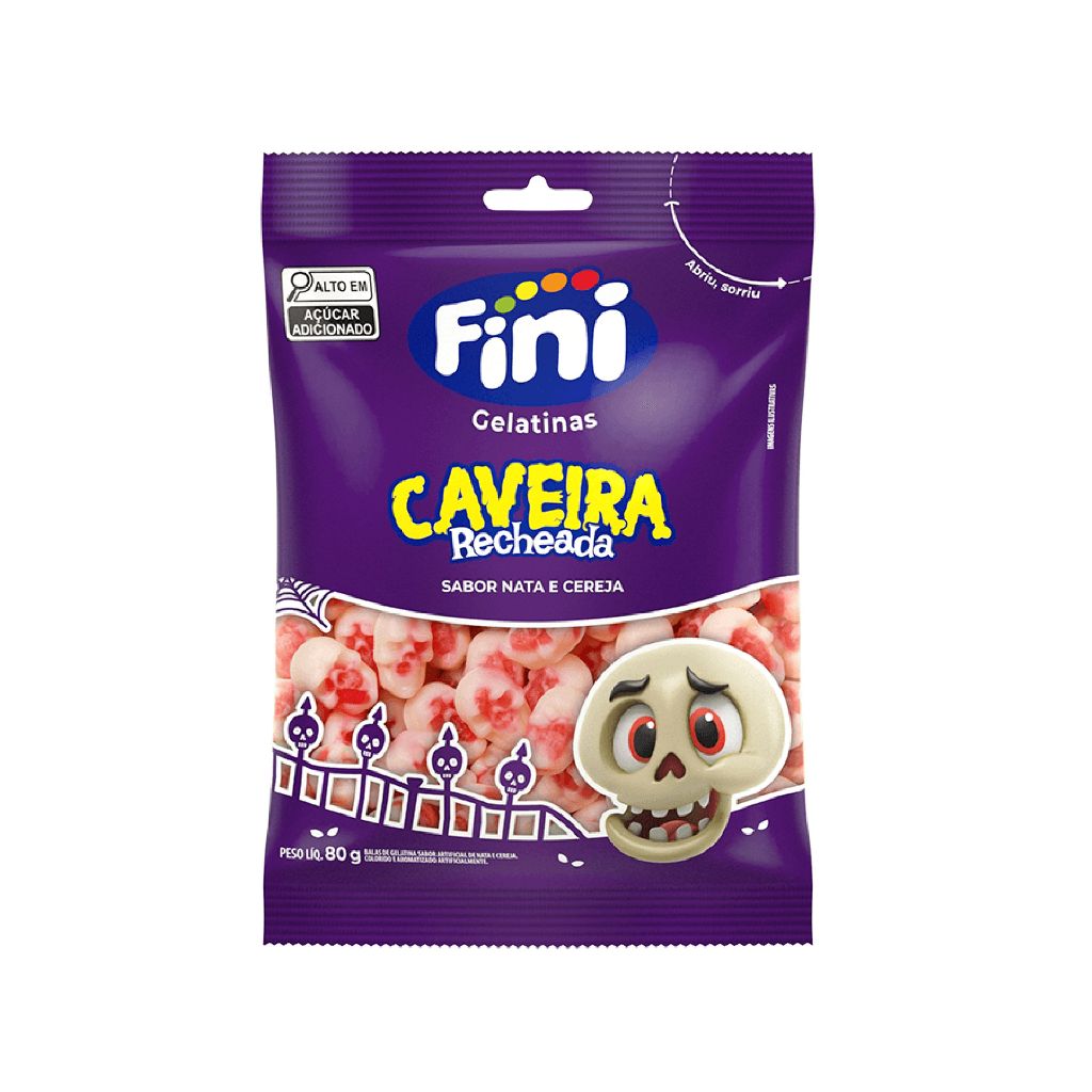 Bala Gelatinas Fini Caveira Recheada 250g Sabor Nata e Cereja Doces Para Festa Halloween