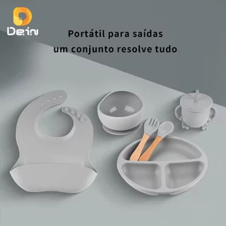 Talheres bebê silicone 8 Peças kit Talheres Infantil Com Ventosa Canudo Colher Babador Garfo em Oferta na Shopee