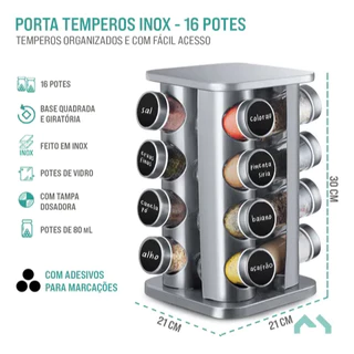 Porta Tempero Condimentos Inox 16 Potes de Vidros Base Giratória Quadrado Brinde Caneta e Etiquetas