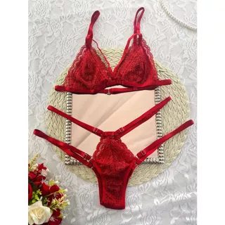 Conjunto em Renda Calcinha e Sutiã com Tiras Formato em V Sensual do P ao GG