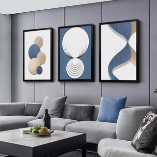 Quadro decorativo 3 peças Abstrato moderno azul branco ouro geométrico decoração para casa sala quarto hall