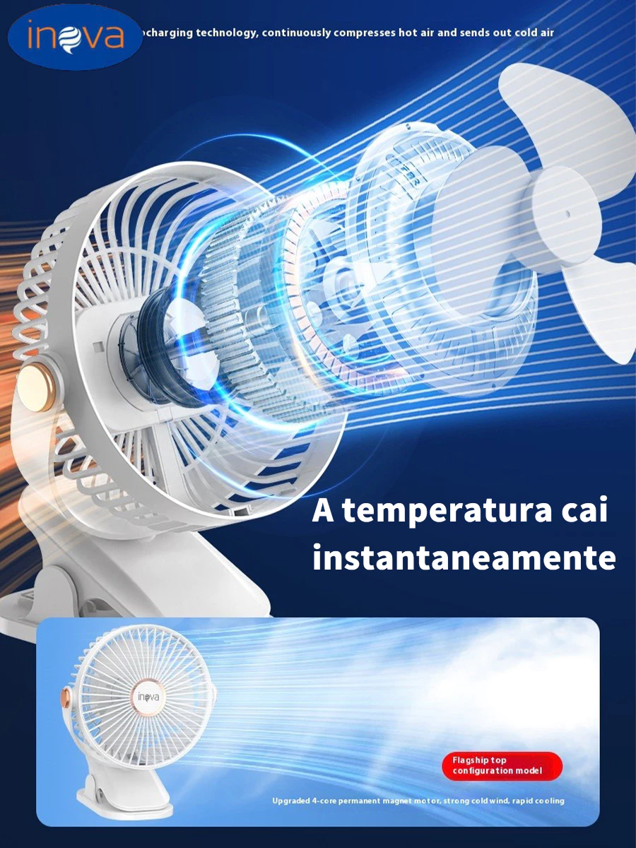 Inova Ventilador Clip Portátil 5 Velocidades De Mesa Luminária LED USB Potente 720 Rotação Poderoso