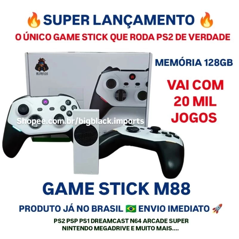 Videogame M88 Gamestick 128GB Roda PS2 e + 30 Consoles 20000 jogos HDMI, 2 Controles Recarregáveis