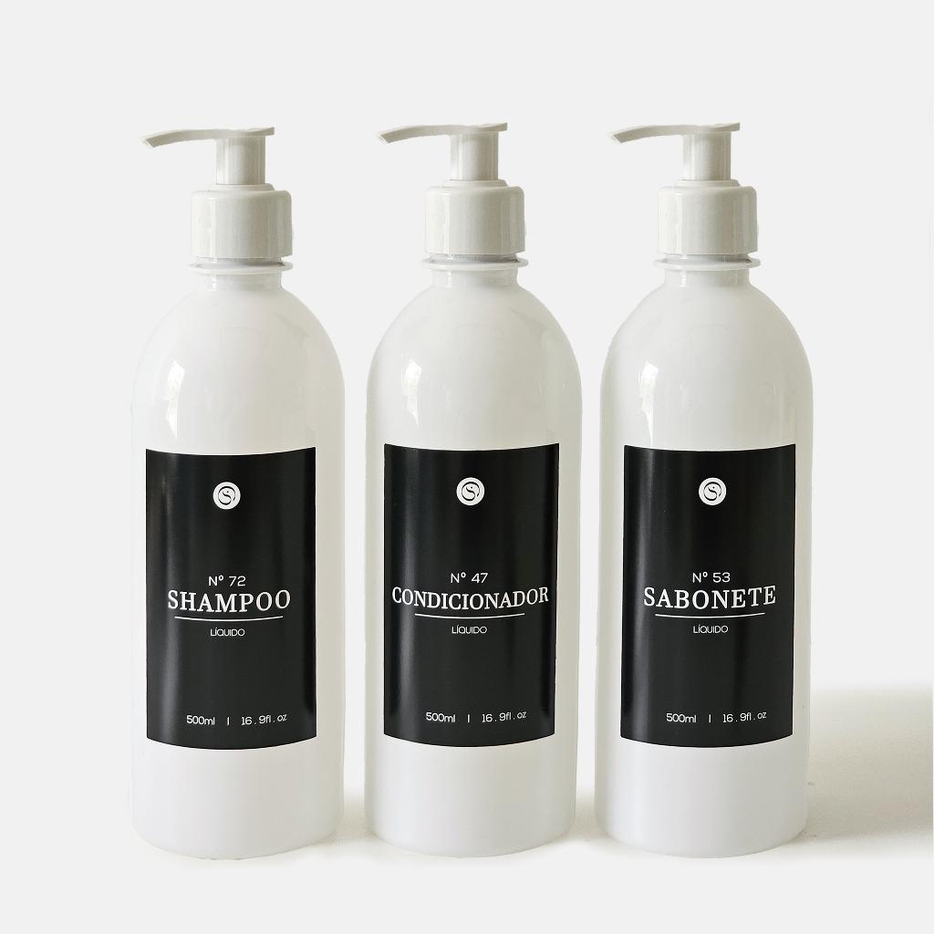 Kit Banheiro 3pçs Frascos Brancos Shampoo Condicionador Sabonete