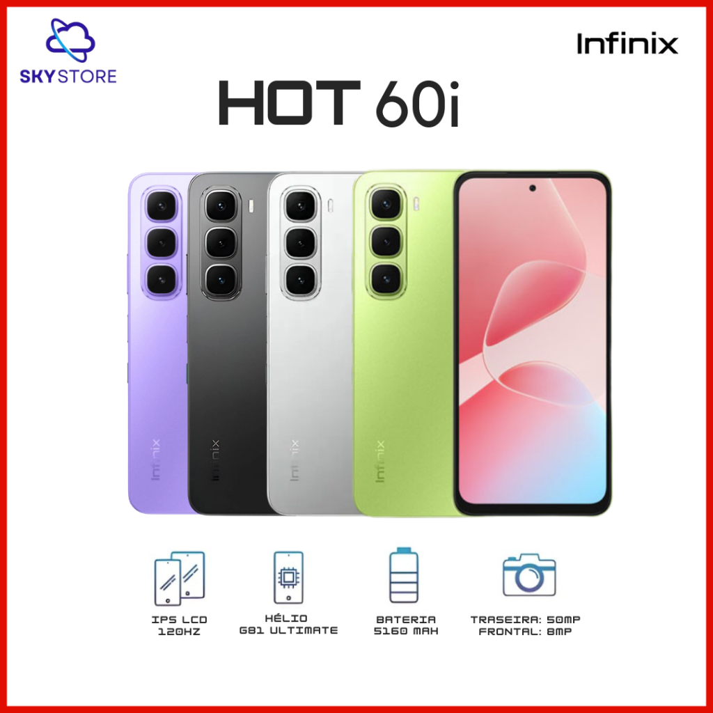 Infinix Hot 60i 4G 256GB + 4GB/8GB RAM, Processador Mediatek G81 Ultimate, Câmera 50MP, Versão Global