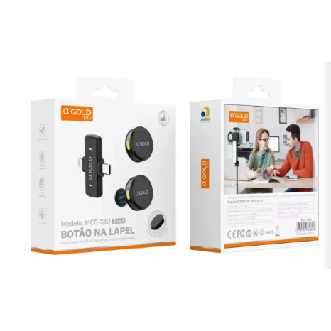 Microfone de Lapela Sem Fio 2 em 1 AGOLD MCF-38D com 2 Transmissores