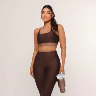 Conjunto calça legging e top fitness roupa de academia bojo removível zero transparência feminino malhar