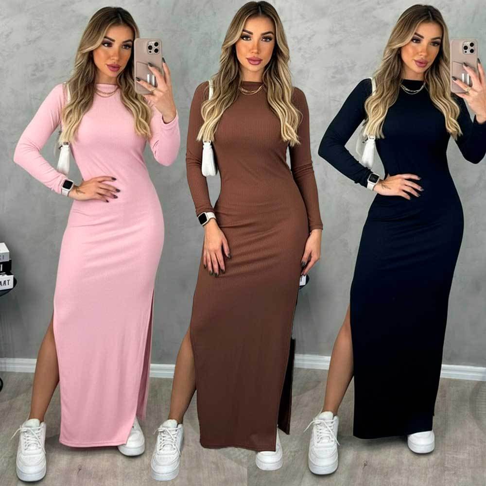 Vestido Longo Tubinho Cacharel Manga Longa Gola Alta Tendência Inverno ...