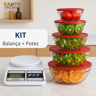 Kit Balança de Cozinha Digital Pote Vidro Hermético Marmita Saudável Fitness Comida da Semana