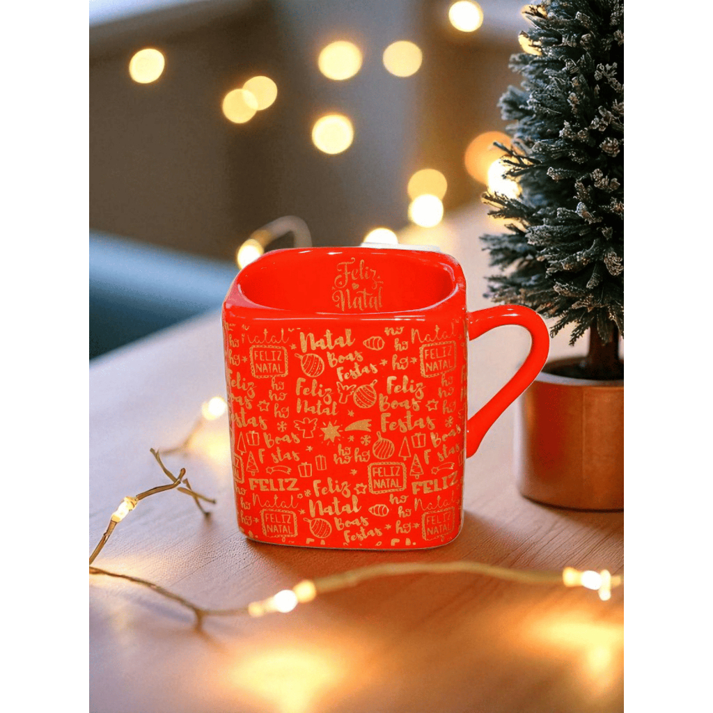 Caneca Porcelana Quadrada 220ml Chá Café Vermelha de Natal Exclusiva ...
