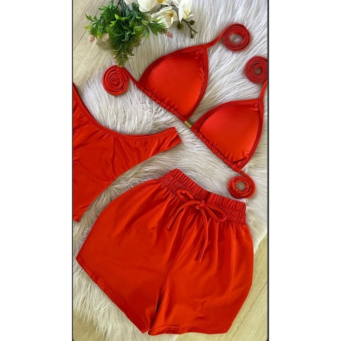 Conjunto Biquini Trio com Saia ou Shorts - Triquini Feminino - Moda ...