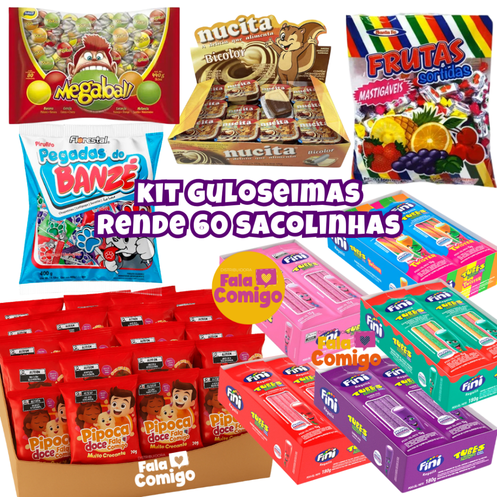 Kit Rende 60 Sacolinhas com 11 Guloseimas Lembrancinhas Aniversário ...
